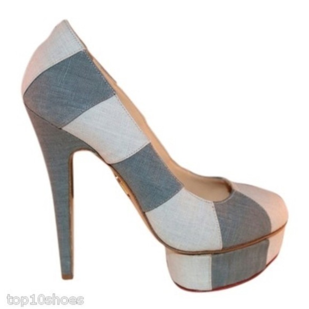 Charlotte‎ Olympia Platform Heels Gray Beige Fabric Block Pumps Size 39